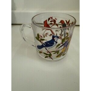 Arcoroc 1970s Vintage Bird Mug Glass 10oz Cardinal Blue Jay
